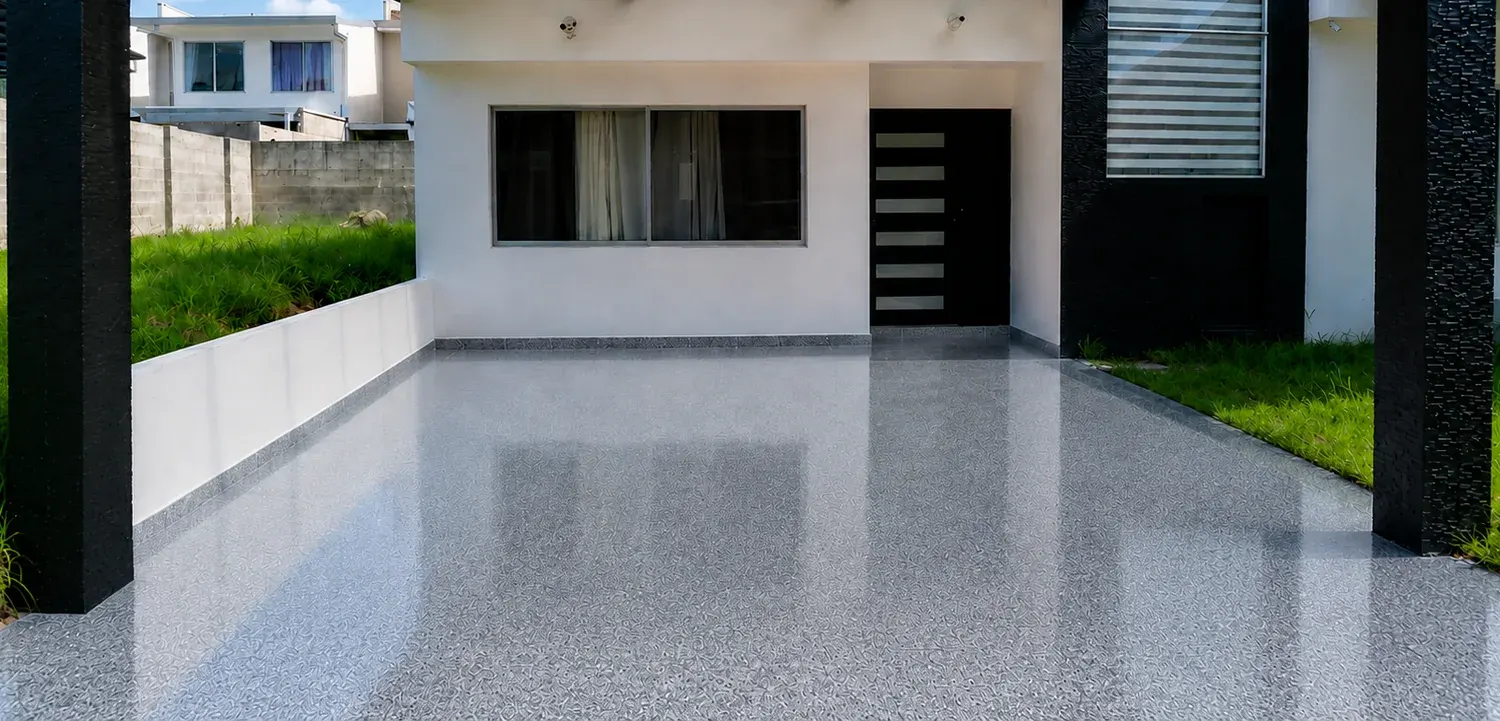 The same carport with a seamless grey flake epoxy surface