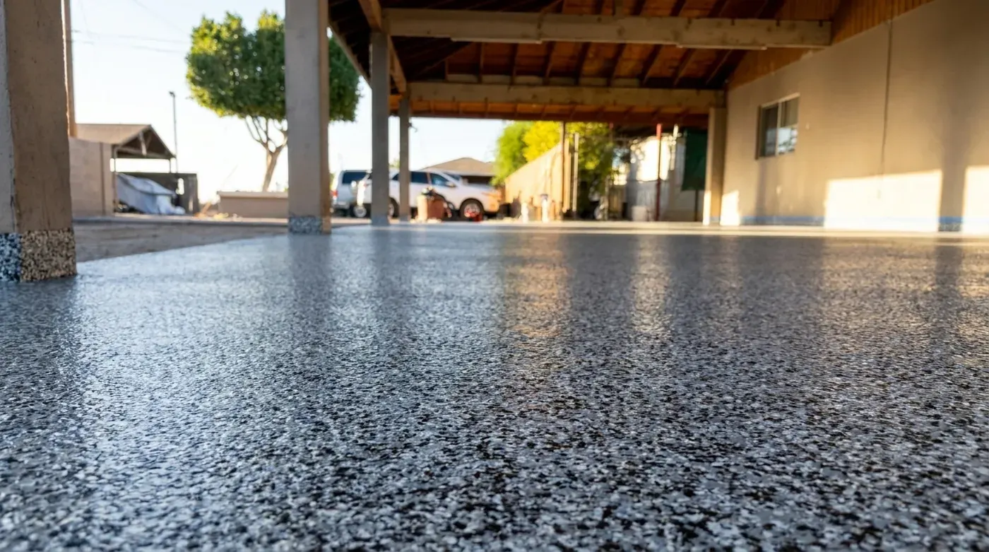 Light grey flake epoxy floor installed in a covered carport
