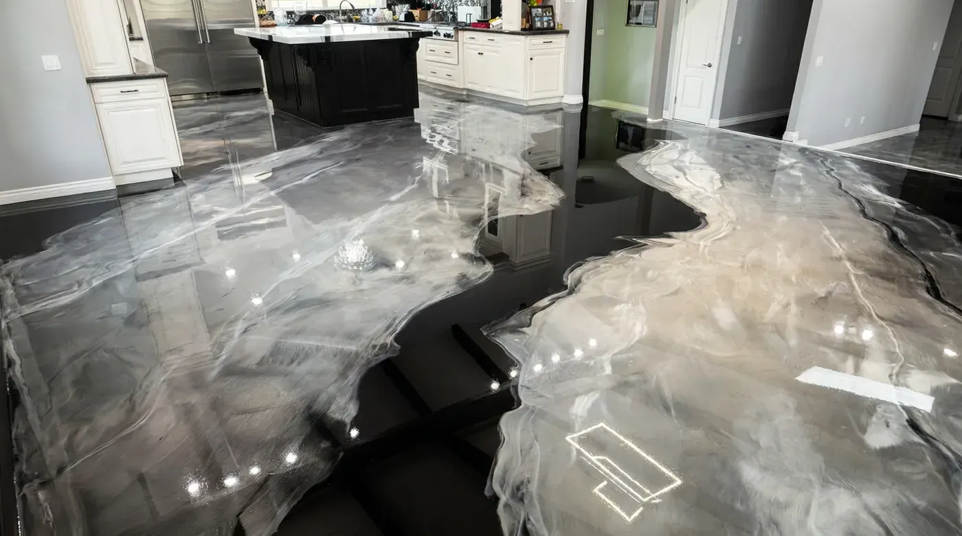 White metallic marble floor with a black vein in a kitchen