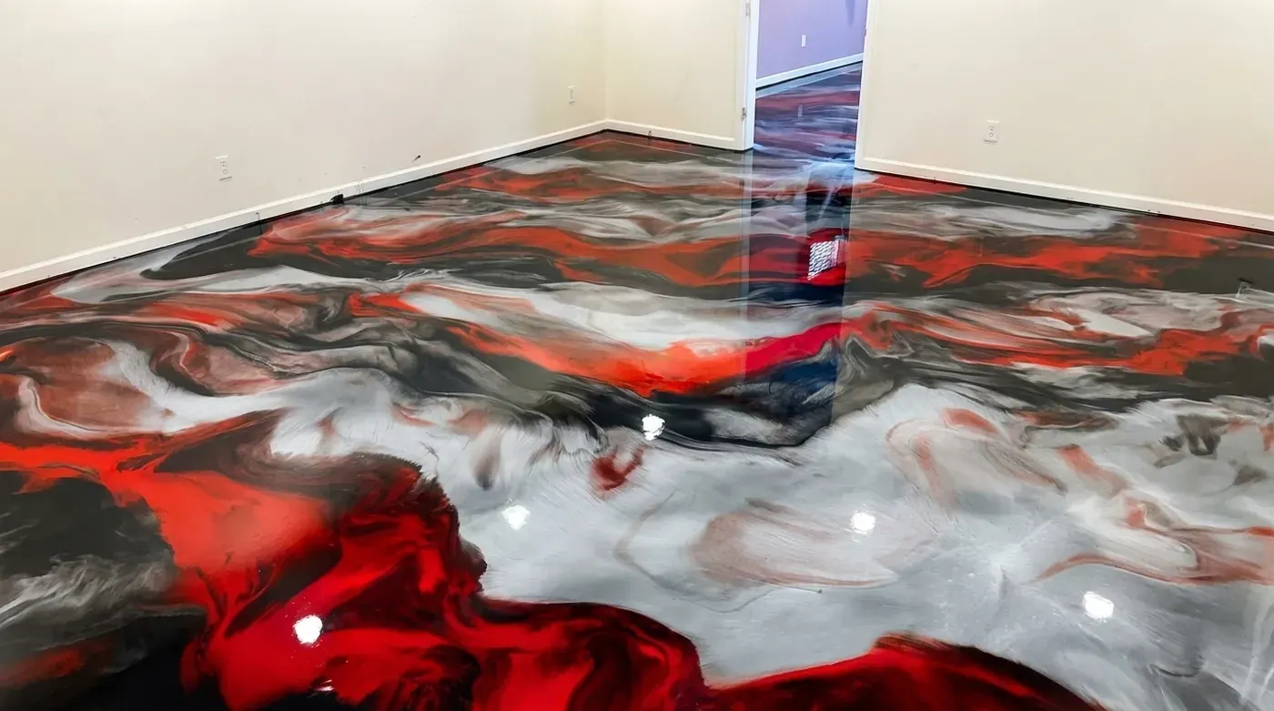 Metallic marble floor in red, white and black