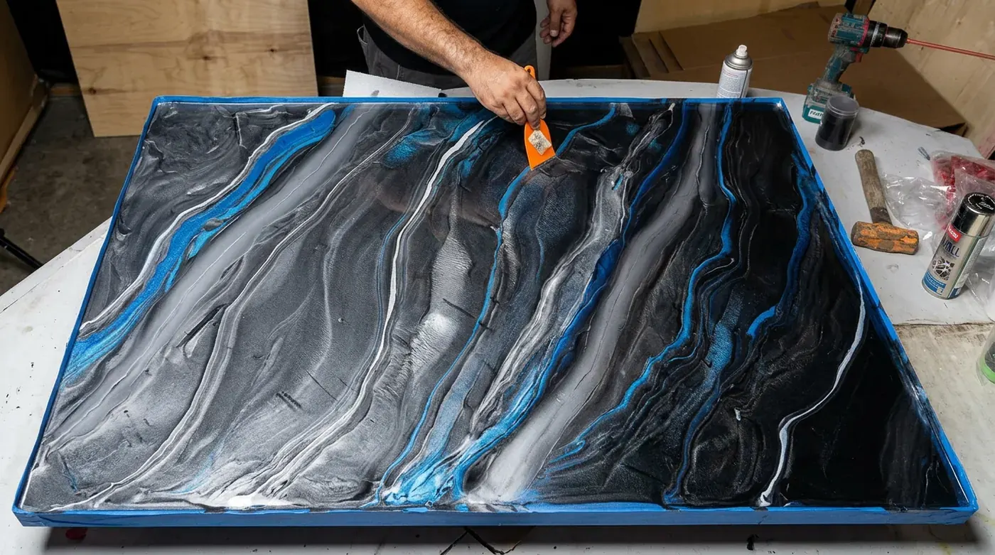 Metallic epoxy sample in black, silver and blue on a workbench